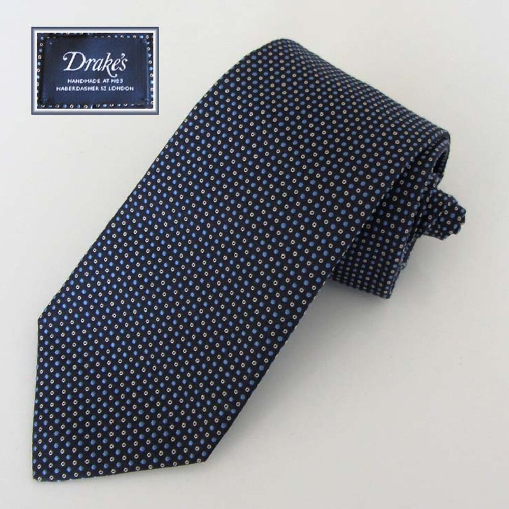 Drake's micro pattern navy neck tie handmade England 100% silk